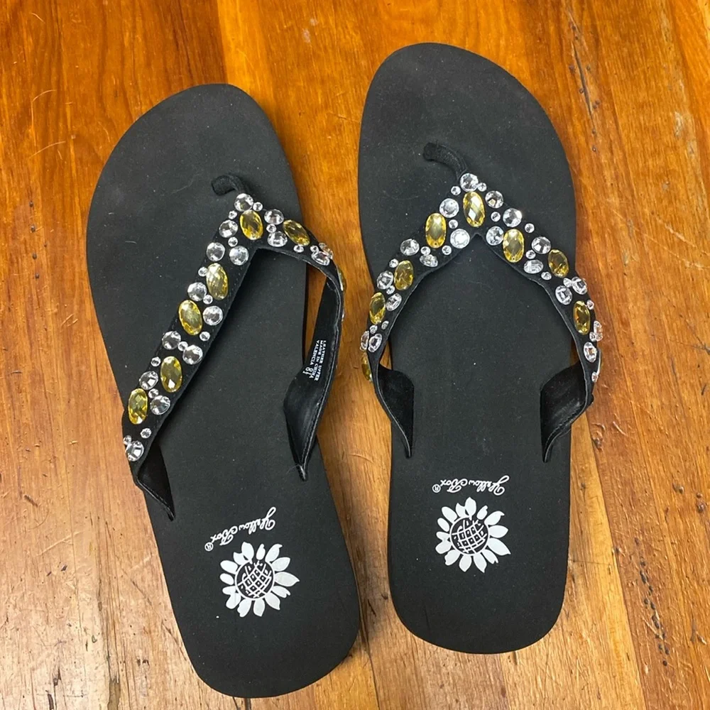 - Yellow Box Black Valencia Sandals with Gem Accents - Picture 1 of 4